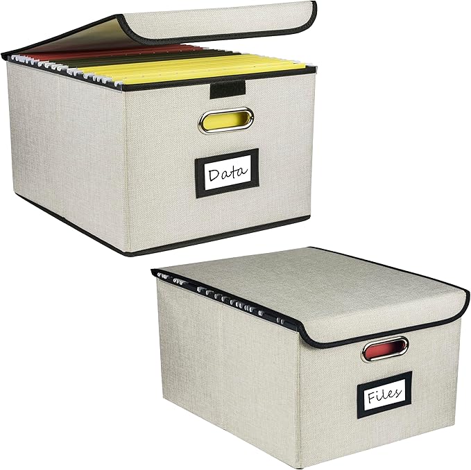 Collapsible File Organizer Box, filing Storage boxes for hanging files with lid, Linen Portable file folder box with handle, Decorative Document Storage Bins for Office/Home/School(Beige)