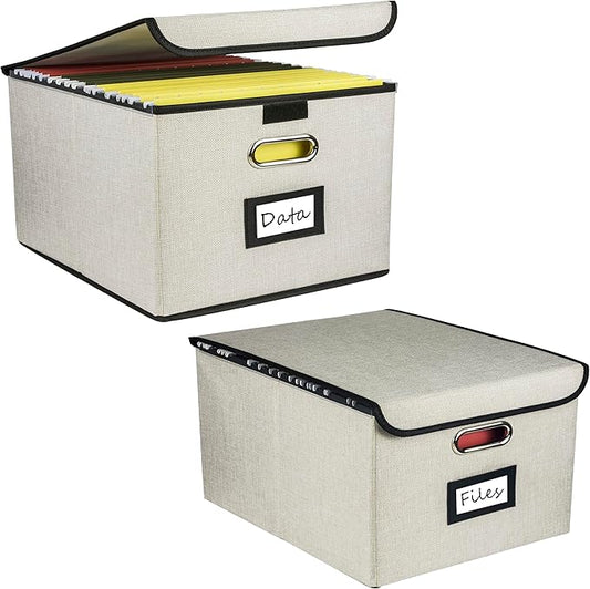 Collapsible File Organizer Box, filing Storage boxes for hanging files with lid, Linen Portable file folder box with handle, Decorative Document Storage Bins for Office/Home/School(Beige)