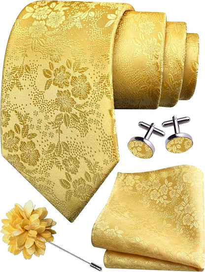 GUSLESON 3.15"（8cm） Mens Floral Tie and Lapel Pin Necktie Hankerchief Cufflinks Set for Men