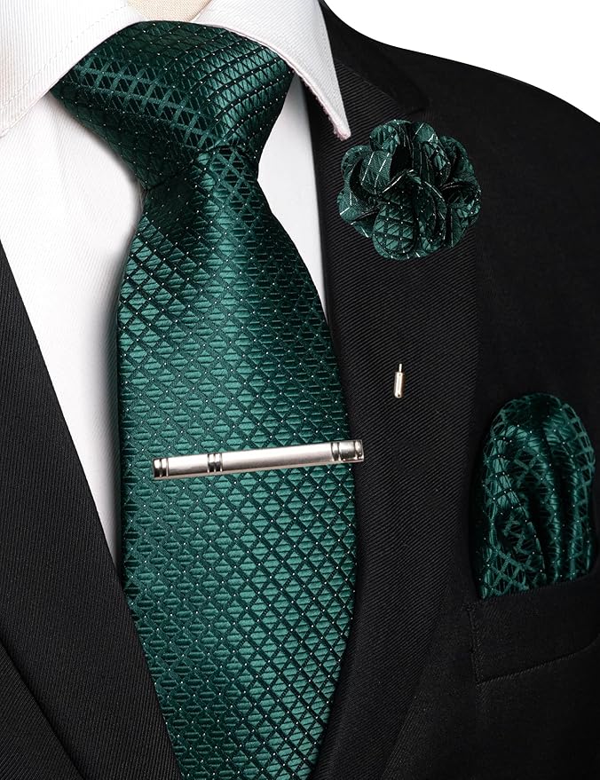 JEMYGINS Mens Solid Color Plaid Tie and Lapel Pin Necktie Pocket Square and Tie Clip with Sets for Business Casual 4PCS