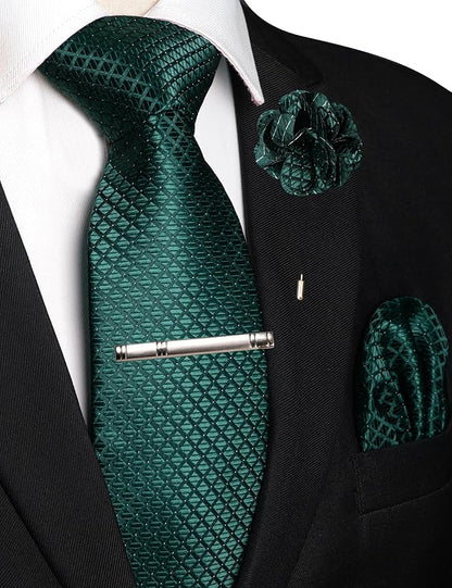 JEMYGINS Mens Solid Color Plaid Tie and Lapel Pin Necktie Pocket Square and Tie Clip with Sets for Business Casual 4PCS