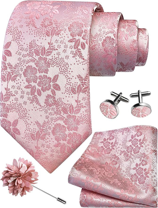 GUSLESON 3.15"（8cm） Mens Floral Tie and Lapel Pin Necktie Hankerchief Cufflinks Set for Men