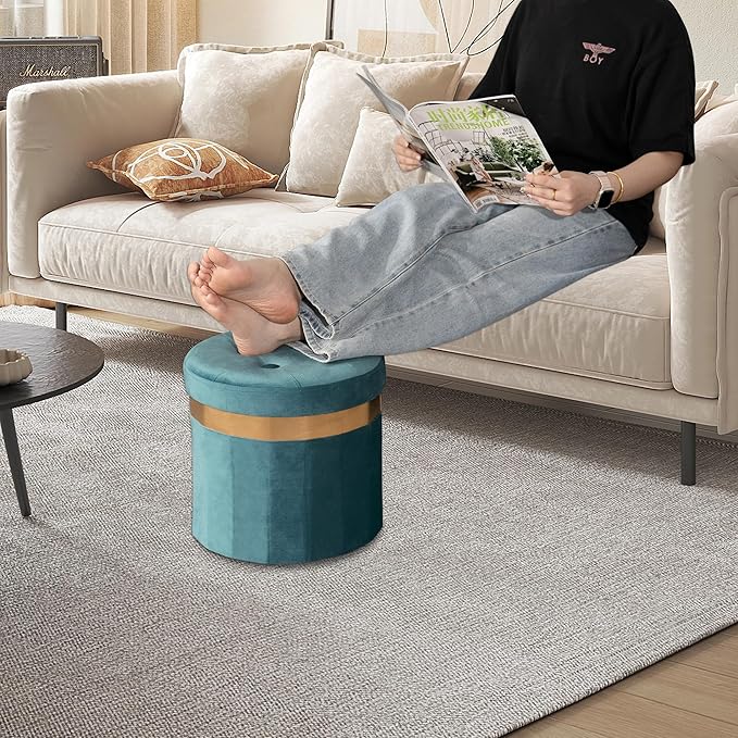 Small Ottoman with Storage,Folding Round Ottoman with Gold Trim,Velvet Storage Stool,Foot Stool with Soft Padded,Foot Rest for Living Room13“x13”x12.4(Blue,2pcs)