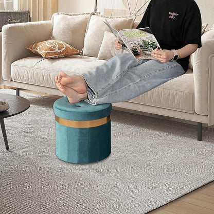 Small Ottoman with Storage,Folding Round Ottoman with Gold Trim,Velvet Storage Stool,Foot Stool with Soft Padded,Foot Rest for Living Room13“x13”x12.4(Blue,2pcs)