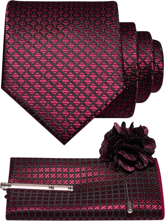 JEMYGINS Mens Solid Color Plaid Tie and Lapel Pin Necktie Pocket Square and Tie Clip with Sets for Business Casual 4PCS