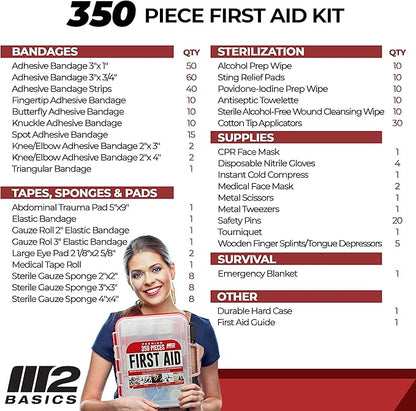 M2 BASICS Professional 350-Piece First Aid Kit – First Aid Kit for Car, Home, Office, Business & Vehicles – Organized Dual-Layer Wall-Mountable Hard Case, Emergency Medical, OSHA Workplace Safety