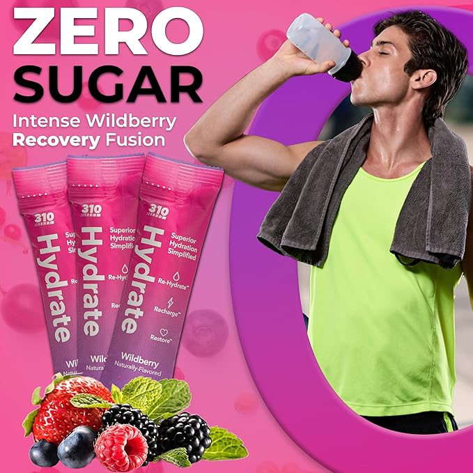 310 Nutrition Sugar Free Electrolytes Powder - Instant Hydration Packets for Daily Fluid Balance - Caffeine-Free Rehydration Drink Mix w/Vitamins, Low Calorie & Keto Friendly - Wildberry 15 Singles