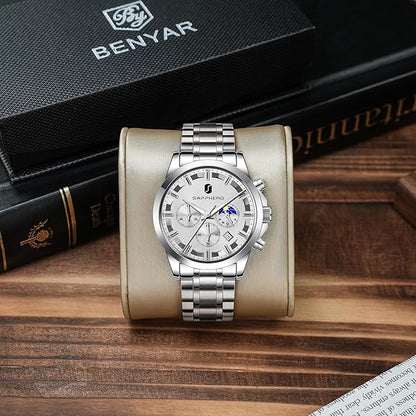 BY BENYAR Mens Watches Analog Quartz Chronograph Waterproof Wrist Watches for Men Fashion Business Work Casual Sport Designer Dress Watch with Calendar Elegant Gifts for Men