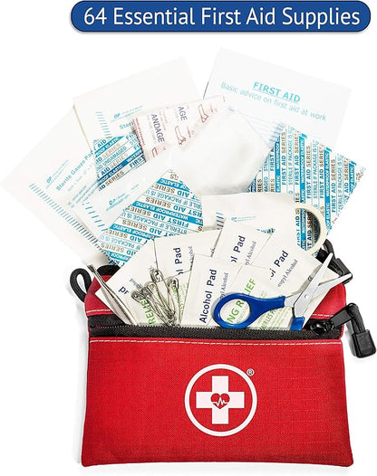 Swiss Safe 2-in-1 First Aid Kit for Car, Travel & Home, Businesses - Bonus Mini Kit for Medical Emergency Aid, Survival, Camping - 64 Piece, 10 Pack
