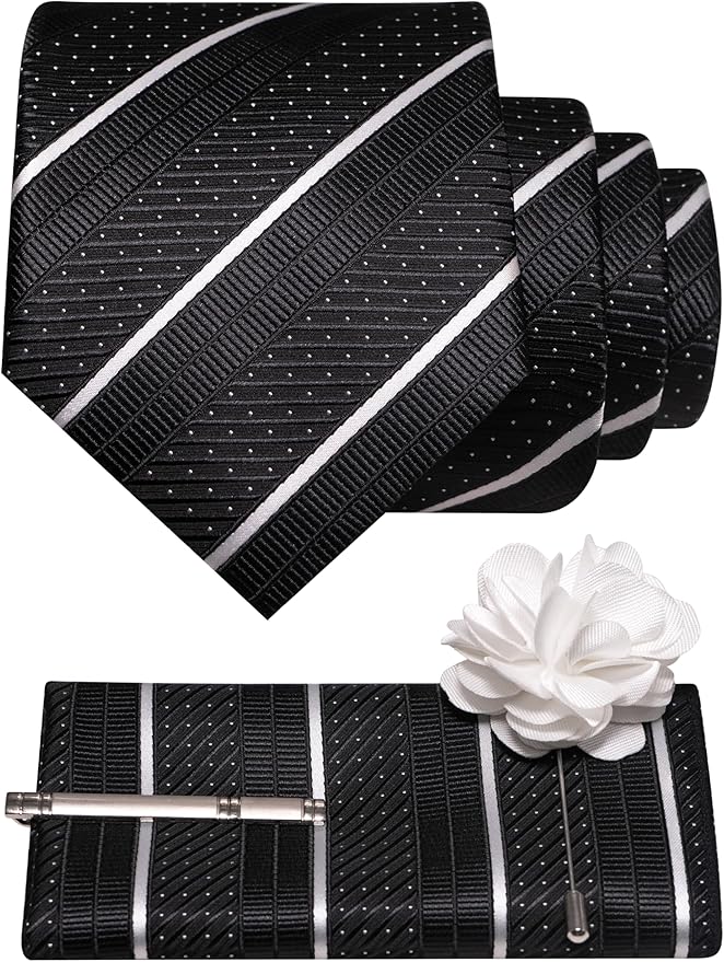 JEMYGINS Mens Striped Tie and Lapel Pin Necktie Pocket Square with Tie Clip Sets for Business Casual 4PCS