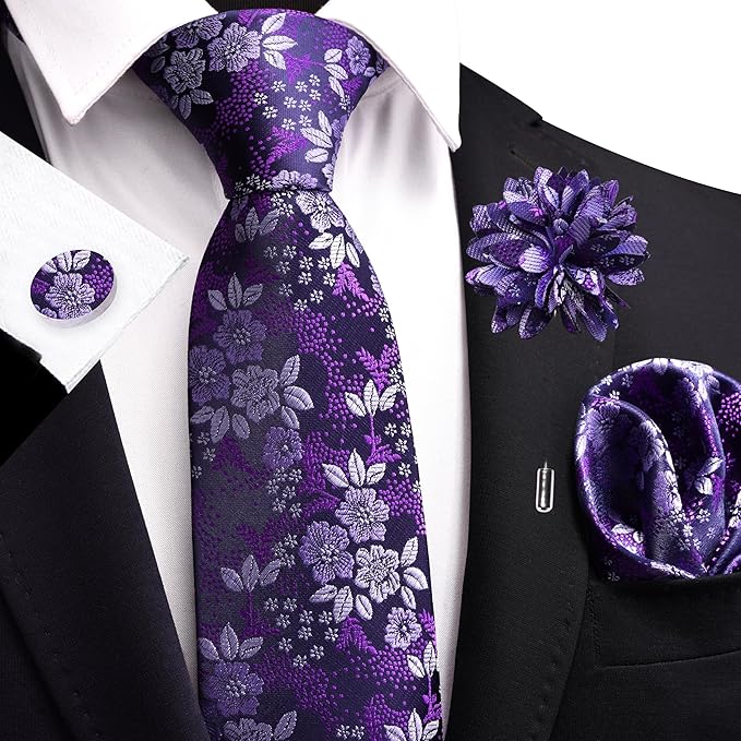GUSLESON 3.15"（8cm） Mens Floral Tie and Lapel Pin Necktie Hankerchief Cufflinks Set for Men