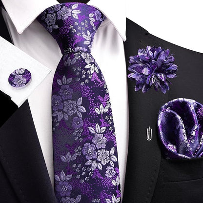 GUSLESON 3.15"（8cm） Mens Floral Tie and Lapel Pin Necktie Hankerchief Cufflinks Set for Men