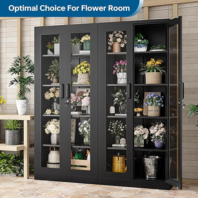 Display Storage Cabinet with Glass Door, 71 Inches Metal Curio Cabinet with 4 Adjustable Shelves, Locking Glass Display Case for Home, Office, Clinic, Pantry, Assemble Required (Black)