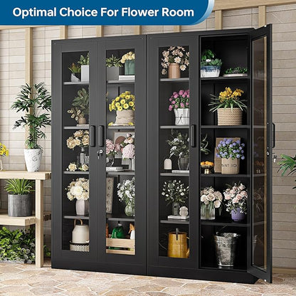 Display Storage Cabinet with Glass Door, 71 Inches Metal Curio Cabinet with 4 Adjustable Shelves, Locking Glass Display Case for Home, Office, Clinic, Pantry, Assemble Required (Black)