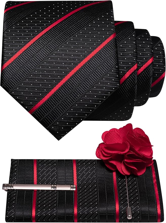 JEMYGINS Mens Striped Tie and Lapel Pin Necktie Pocket Square with Tie Clip Sets for Business Casual 4PCS
