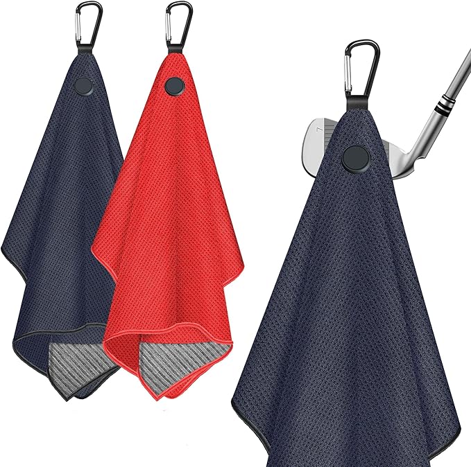 Magnetic Golf Towel, 2 Pack Golf Towels with Clips, Ultra Absorbent Microfiber Wire Cleaning Cloth, Waffle Pattern Towel with Magnet for Men Women, Golf Accessories for Bags, Carts or Clubs