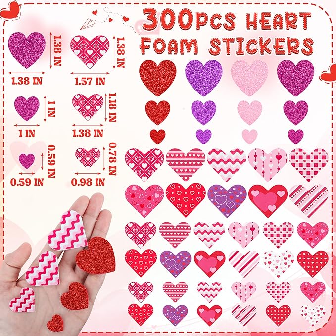300 PCS Valentines Stickers, Self-Adhesive Foam Heart Stickers, 4 Color Glitter Hearts for Valentines Crafts, Polka Dots Stripe Valentine's Decor, DIY Supplies for Scrapbooking Card Making