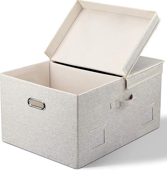 75 Quart Extra Large Decorative Collapsible Storage Bins with Lids, 1 Pack Beige Stackable Boxes