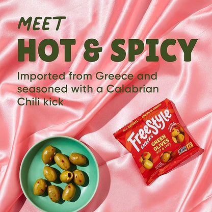 Freestyle Snacks Olive Snack Packs - 24 Pack Variety - Original Green, Hot & Spicy, Lemon Garlic, and Kalamata - Grown in Greece, All Natural, Non-GMO, Paleo, Sugar-Free, Keto Snack, 1.1oz (24 Pack)