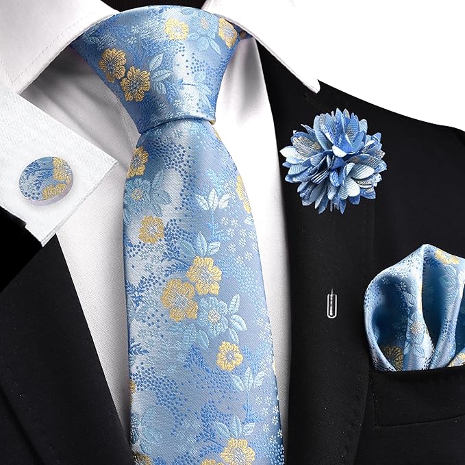 GUSLESON 3.15"（8cm） Mens Floral Tie and Lapel Pin Necktie Hankerchief Cufflinks Set for Men