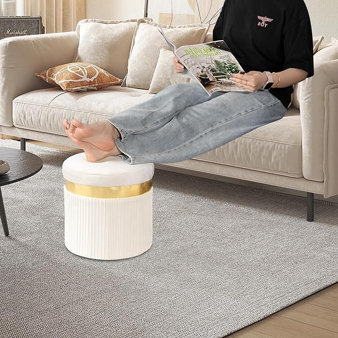 xuperbonusSmall Ottoman with Storage,Folding Round Ottoman with Gold Trim,Velvet Storage Stool,Foot Stool with Soft Padded,Foot Rest for Living Room13“x13”x12.4(YZbeige,1pcs)