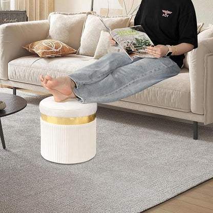 Small Ottoman with Storage,Folding Round Ottoman with Gold Trim,Velvet Storage Stool,Foot Stool with Soft Padded,Foot Rest for Living Room13“x13”x12.4(YZbeige,2pcs)