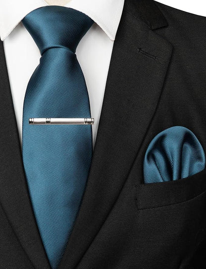 JEMYGINS Solid Color Formal Necktie and Pocket Square Tie Clip Sets for Men