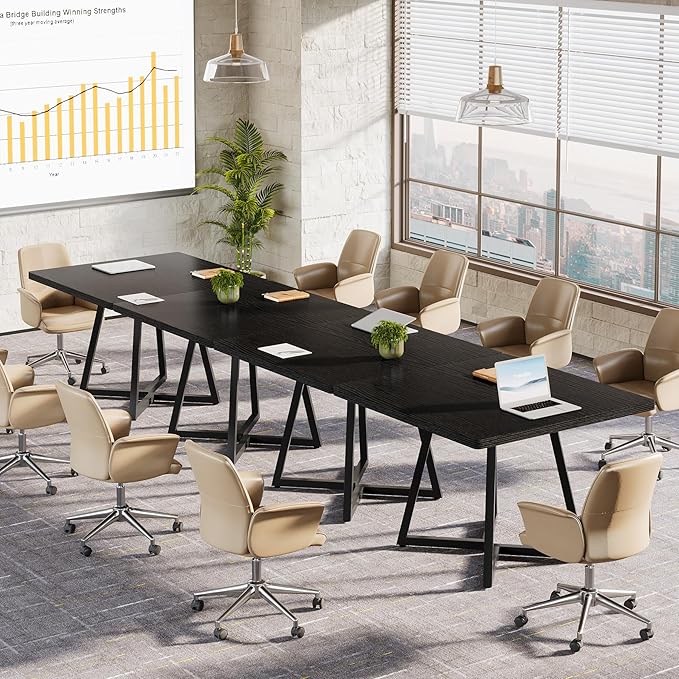 Tribesigns 31.5" Square Conference Table Set of 4, 10 ft Industrial Office Meeting Table for 8-10 People, Business Podcast Furniture with Metal Base for Small Spaces, Office Conference, Black