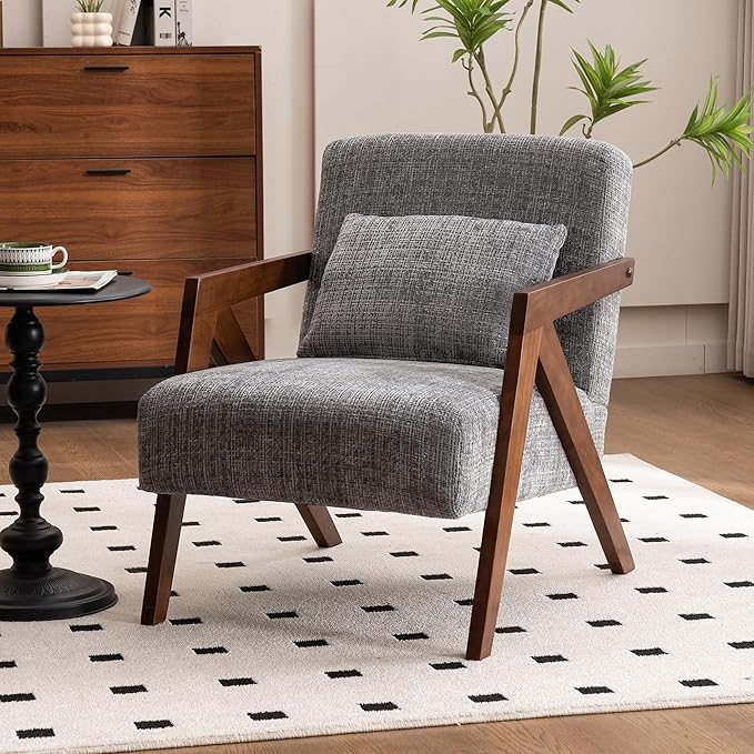 Mid Century Modern Accent Chair with Solid Wood Frame，Upholstered Chenille Living Room Arm Chairs with Pillow for Bedroom, Living Room, Reading Room, Balcony (1, Grey)