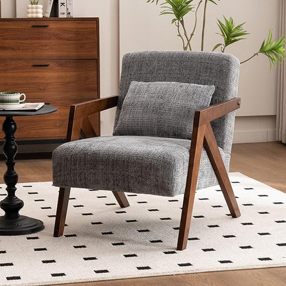 Mid Century Modern Accent Chair with Solid Wood Frame，Upholstered Chenille Living Room Arm Chairs with Pillow for Bedroom, Living Room, Reading Room, Balcony (1, Grey)