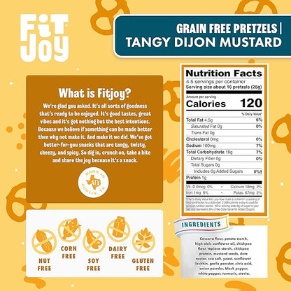 FitJoy Tangy Dijon Mustard Pretzels (Pack of 6, 4.5 Oz) - Dairy, Nut & Gluten Free Snacks - Grain Free Cassava Root & Chickpea Flour Vegan Pretzel Twists - Tangy Snack Pretzels for Children & More