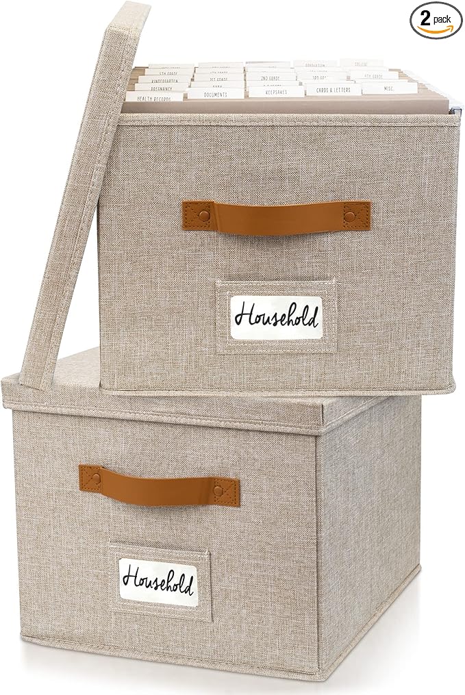 ZICOTO Decorative File Organizer Box Set of 2 - Collapsible Linen Filing Cabinets w/Handles Are Perfect to Store all Your Documents & Hanging File Folders - Portable Easy Slide Crates with Lid
