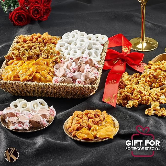 KREMERY Creamy Chocolate Cravings - Thanksgiving Chocolate Covered Pretzels & Caramel Popcorn Gift Basket, in Seagrass Tray + Ribbon (Classic, 1.5 lbs) Holiday Xmas Christmas