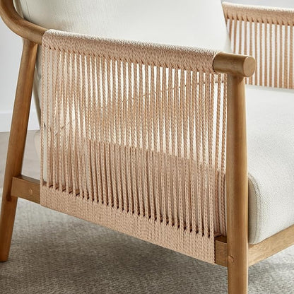 CHITA Braid Accent Chair Set of 2, Modern Armchair with Solid Wooden Armrest for Living Room and Bedroom, Boho Reading Chair, Cream