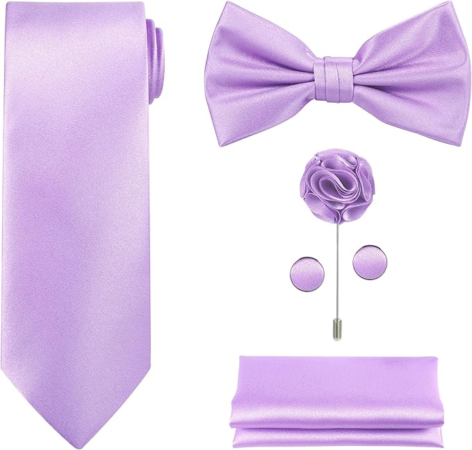 TIE G 5pcs Tie Set in WHITE OR BLACK GIFT BOX: Solid Color Necktie, Satin Bow Tie, Pocket Square, Lapel, Cuff Links