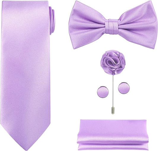 TIE G 5pcs Tie Set in WHITE OR BLACK GIFT BOX: Solid Color Necktie, Satin Bow Tie, Pocket Square, Lapel, Cuff Links