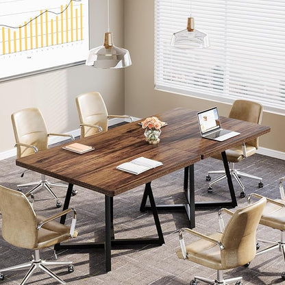 Tribesigns 31.5" Square Conference Table Set of 2, 63" Industrial Office Meeting Table for 4-6 People, Business Podcast Furniture with Metal Base for Small Spaces, Office Conference, Brown & Black