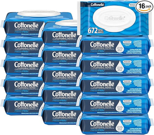 Cottonelle Fresh Feel Flushable Wet Wipes, Adult Wet Wipes, 16 Flip-Top Packs, 42 Wipes Per Pack (672 Total Wipes), Packaging May Vary