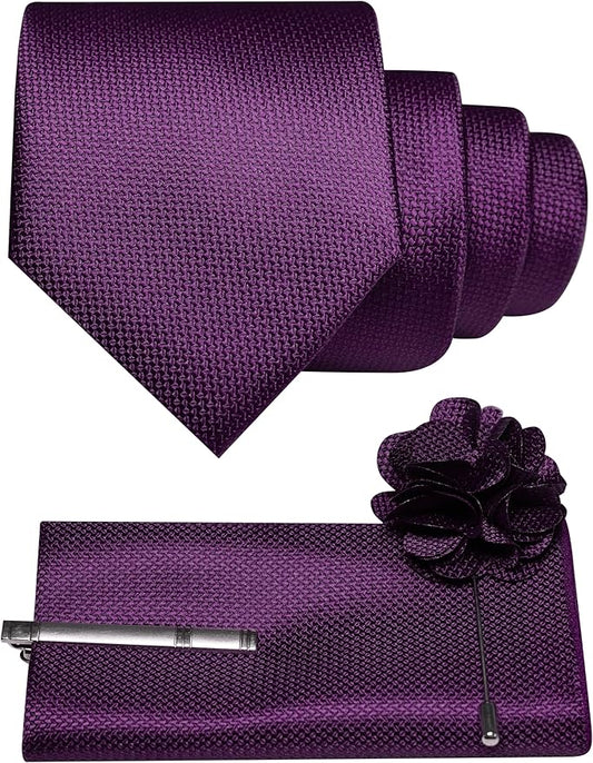 JEMYGINS Mens Tie and Lapel Pin with Pocket Square Tie Clip Sets for Casual and Business 4PCS