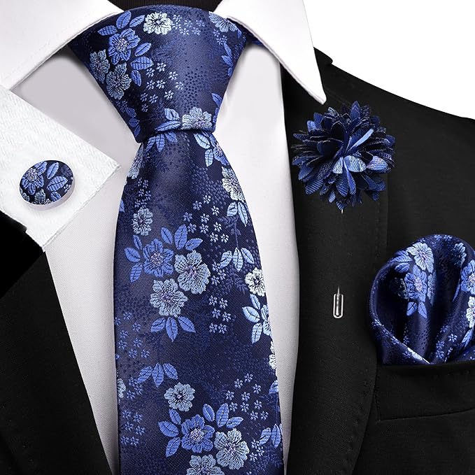 GUSLESON 3.15"（8cm） Mens Floral Tie and Lapel Pin Necktie Hankerchief Cufflinks Set for Men