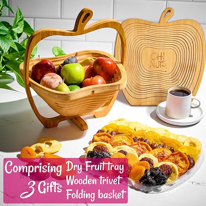 Oh! Nuts Dried Fruit Gift Basket - Gourmet Gift Baskets - Holiday Healthy Assortment Dried Fruits Gift Box - Crafted in the USA - Wooden Apple Shape Gift Tray - (Honey Beige)