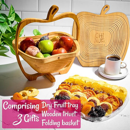 Oh! Nuts Dried Fruit Gift Basket - Gourmet Gift Baskets - Holiday Healthy Assortment Dried Fruits Gift Box - Crafted in the USA - Wooden Apple Shape Gift Tray - (Honey Beige)