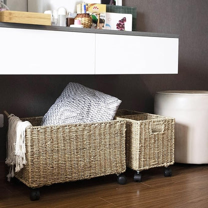 PEMAR Set 2 Nesting Natural Wicker Rolling Storage Baskets on Wheels w Insert Handles, Under Table Under Desk Woven Storage Bins, Mobile File Cabinet Organiser (Seagrass, Sizes M, L Nesting)
