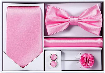 TIE G 5pcs Tie Set in WHITE OR BLACK GIFT BOX: Solid Color Necktie, Satin Bow Tie, Pocket Square, Lapel, Cuff Links