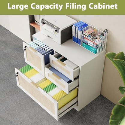 HOPUBUY Lockable 4 Drawers File Cabinet, Lateral Filing Cabinet with Printer Stand for Home Office and School, Wood Rattan File Cabinet for Hanging Files/Letter/Legal/A4/F4 Size, Oak Color (White)
