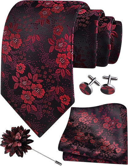GUSLESON 3.15"（8cm） Mens Floral Tie and Lapel Pin Necktie Hankerchief Cufflinks Set for Men