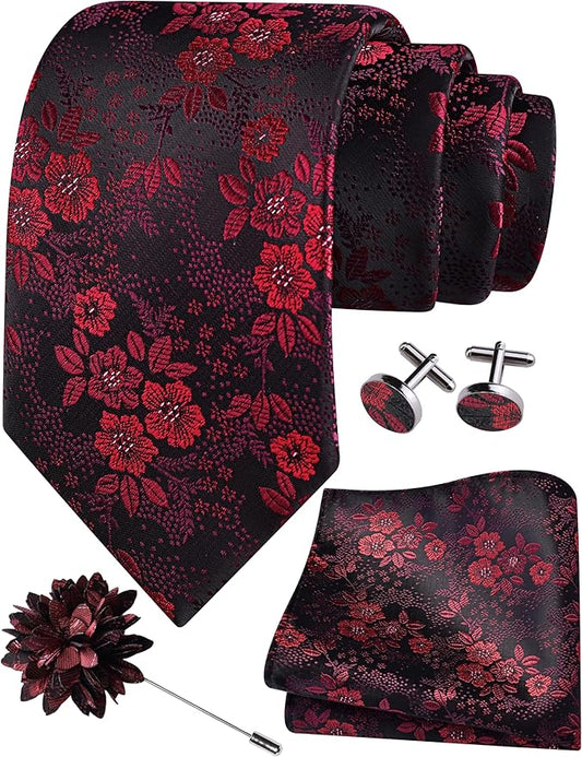 GUSLESON 3.15"（8cm） Mens Floral Tie and Lapel Pin Necktie Hankerchief Cufflinks Set for Men