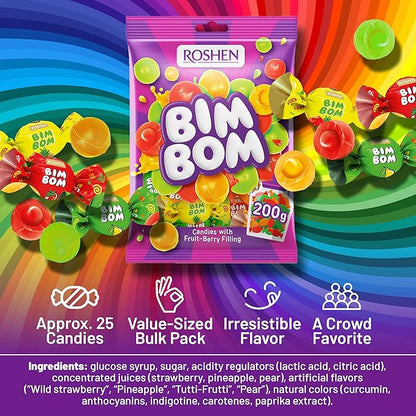 Roshen Bim Bom Hard Candy with Fruit Flavor Filling, Delicious, Flavorful hard Sweets Bulk Candy 16.51oz/468gr Pack of 1