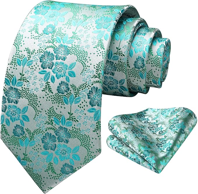 HISDERN Men Floral Ties Woven Classic 3.4" Necktie Set Formal Tie Pocket Square for Wedding with Handkerchief Gift Box