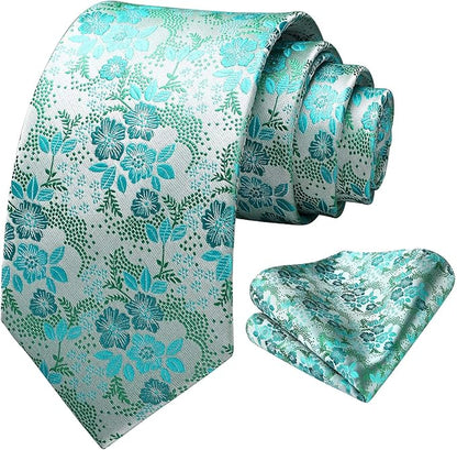 HISDERN Men Floral Ties Woven Classic 3.4" Necktie Set Formal Tie Pocket Square for Wedding with Handkerchief Gift Box